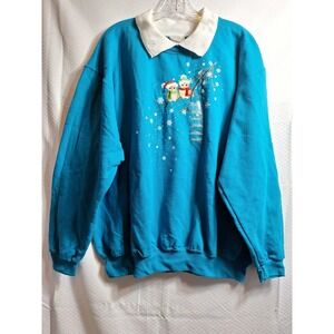 NEW Vtg TOP STITCH Collared Sweatshirt Sz 2XL Teal Embroidered Snow Owls Grandma